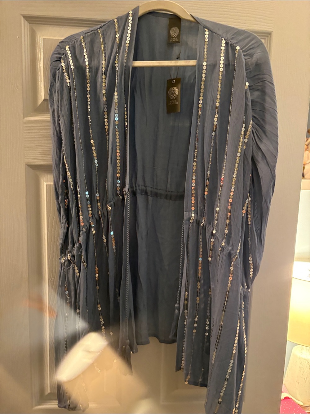 Vince Camuto Dusty Blue Sequin-Embellished Open Cardigan.